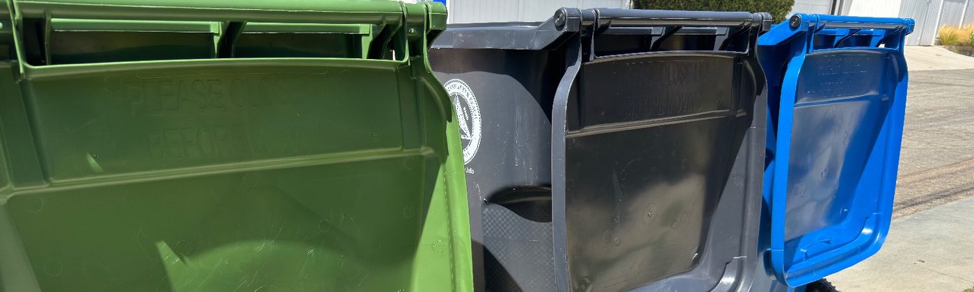 Three color-coded trash cans lined up for cleaning